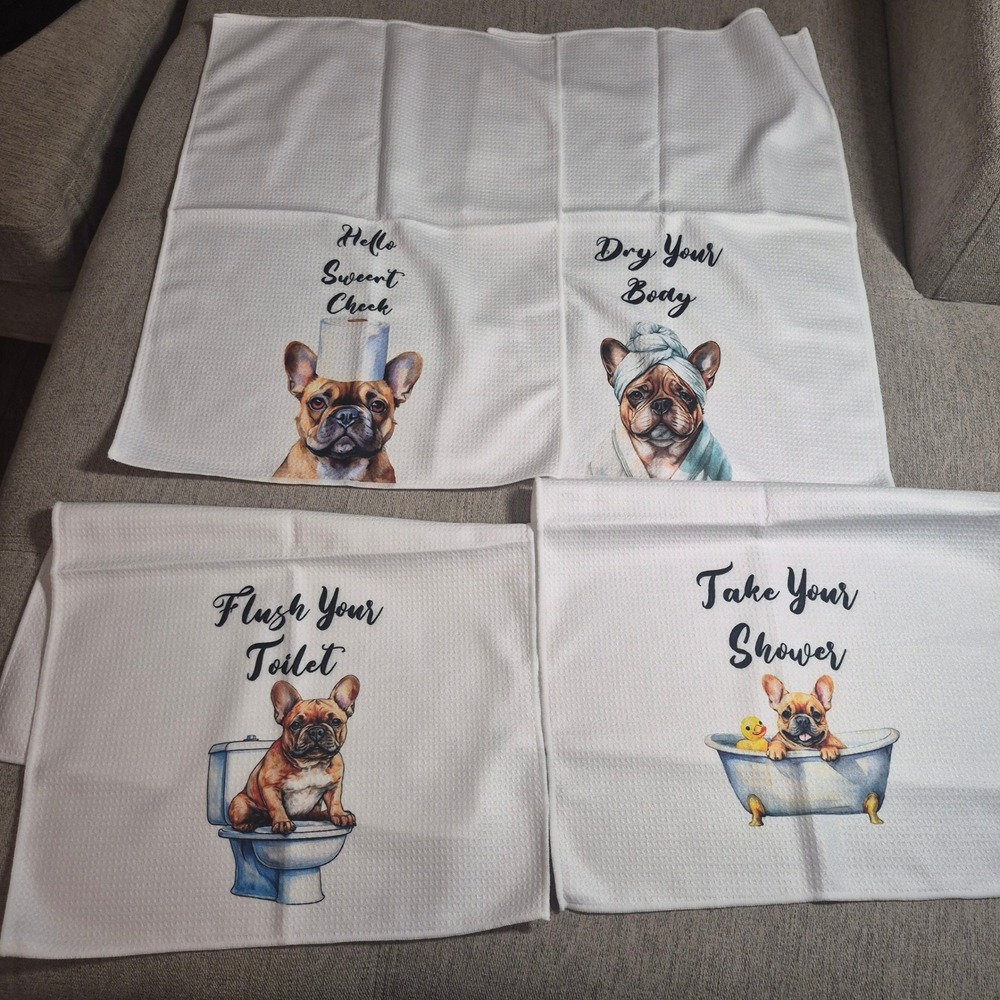 French Bulldog Waffle Weave Hand Towel Set 4pc Funny Bathroom Decor White Dog